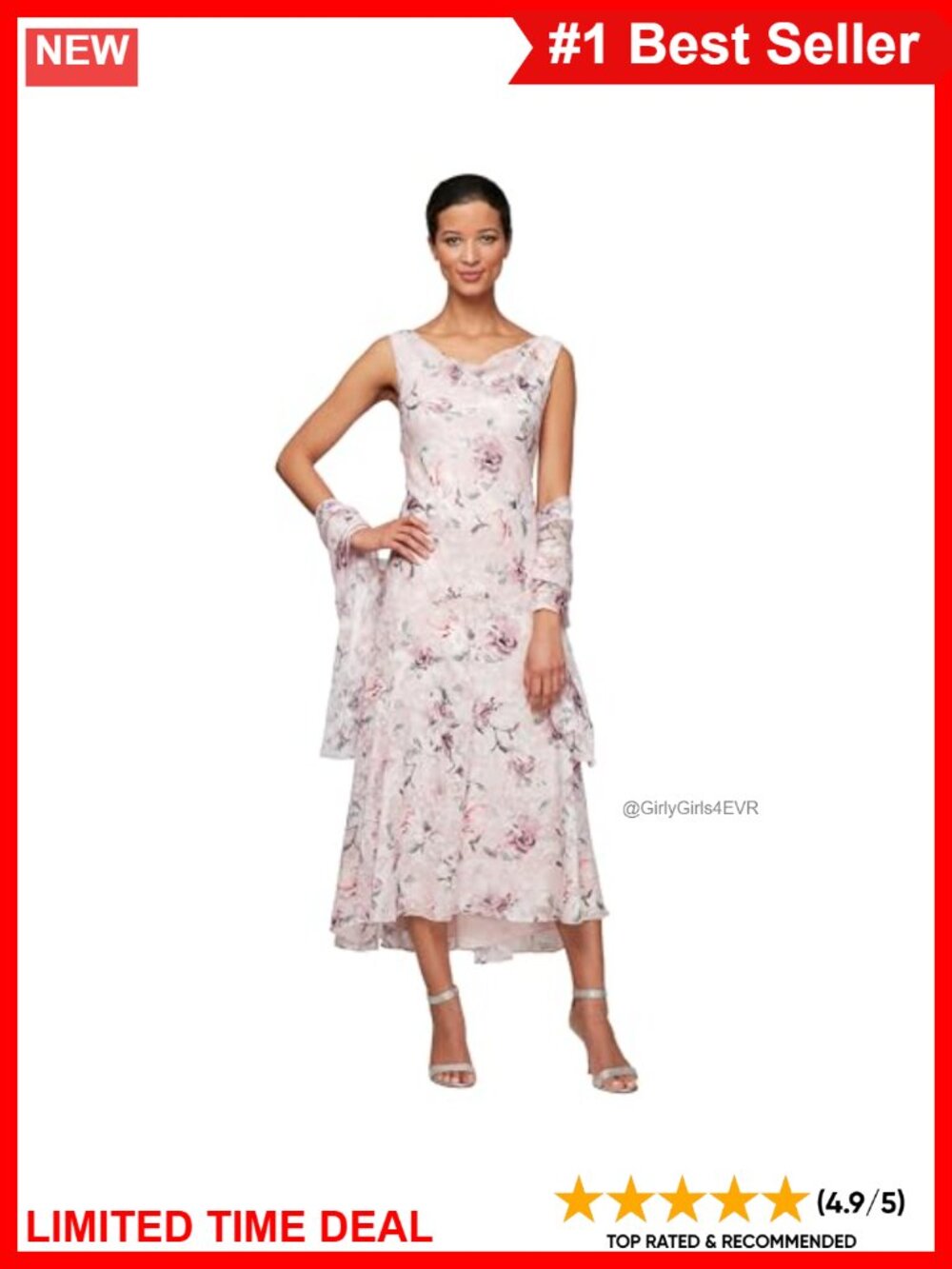 Formal Sleeveless Cowl Neck Floral Chiffon Gown with Shawl Tea Length